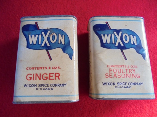 (2) OLD "WIXON" SPICE CONTAINERS-GREAT OLD ADVERTISING