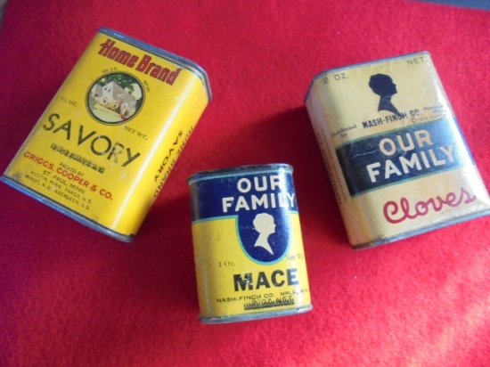 (3) OLD ADVERTISING SPICE CONTAINERS--"OUR FAMILY" & "HOME BRAND"-QUITE NICE