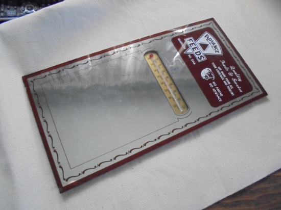 OLD ADVERTISING MIRROR "ADVANCE FEEDS" MADISON SO. DAK WITH THERMOMETER