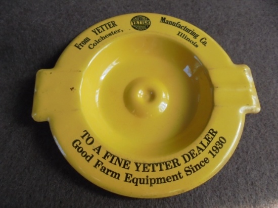 OLD METAL ADVERTISING ASH TRAY "YETTER MANUFACTURING" COLCHESTER, ILL