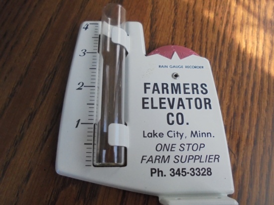 OLD METAL "FARMERS ELEVATOR" ADVERTISING RAIN GAUGE-LAKE CITY MINN.--LOOKS NEVER USED