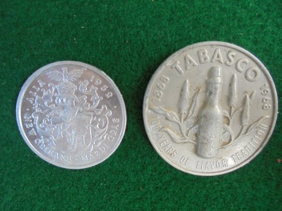 TWO OLD ALUMINUM TOKENS-TOABASCO 1868-1968 AND 1979 MARDI GRAS