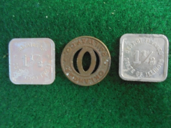 (3) OLD TOKENS-2 ARE SQUARE ILLINOIS OCCUPATION TOKENS & ONE OKLAHOMA RAILWAY TOKEN