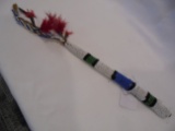 7 1/2 INCH LONG AWL HOLDER WITH BEADWORK AND FEATHERS