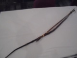 OLDER WOOD BOW WITH LEATHER AND TWO REPLACEMENT ARROWS THAT ARE NEWER