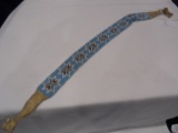 25 INCH LONG BEADED BAND--BLUE-WHITE-BLACK BEADS- ON LEATHER