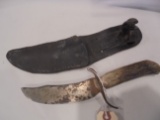 OLD STAG HANDLE FIXED BLADE KNIFE WITH LEATHER SHEATH-FOUND IN MOUNTAINS