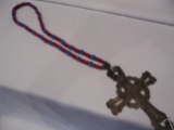 5 INCH TALL CELTIC CROSS ON RED AND BLUE BEADS