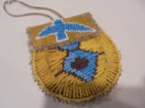 SMALL LEATHER BEADED BAG WITH YELLOW AND BLUE BEADS-NEAT DESIGN