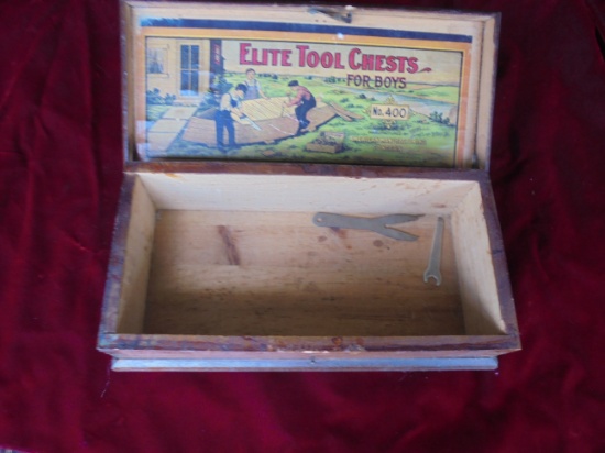 SMALL ANTIQUE "BOYS TOOL BOX" WITH WONDERFUL GRAPHIC INSIDE LID