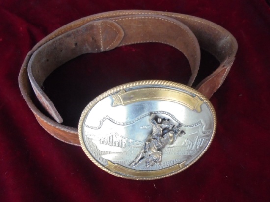 OLD WESTERN LEATHER BELT AND GERMAN SILVER BUCKLE