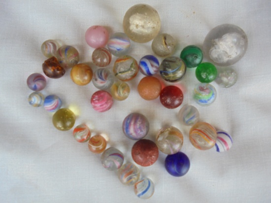 BAG OF OLD MARBLES-MANY SWIRL AND MANY WITH SOME DAMAGE