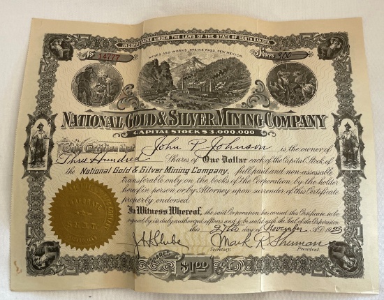 1923 "NATIONAL GOLD & SILVER MINING CO. - SOUTH DAKOTA - STOCK CERTIFICATE"