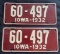 SET OF 1932 IOWA PLATES