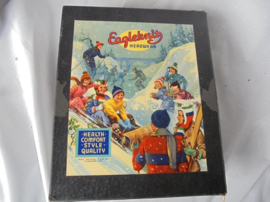 VINTAGE "EAGLEKNIT HEADWARE" ADVERTISING BOX-COLORFUL & CHRISTMANS LIKE THEME