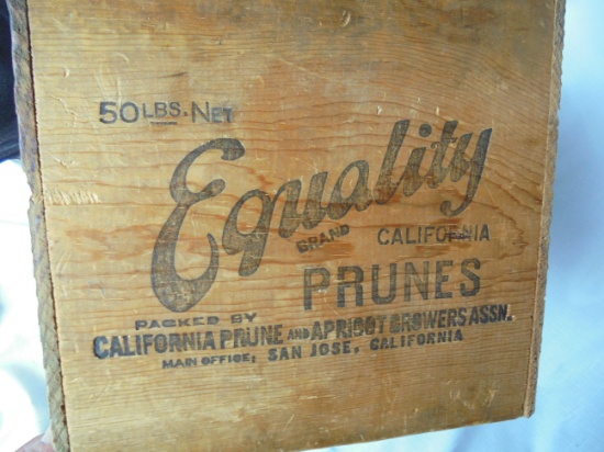 OLD ALL WOOD OR PINE SHIPPING BOX "EQUALITY PRUNES" CALIFORNIA