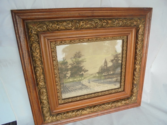 ANTIQUE DOUBLE OAK WITH PLASTER DESIGN PICTURE FRAME-VERY NICE WITH AN OLD PRINT