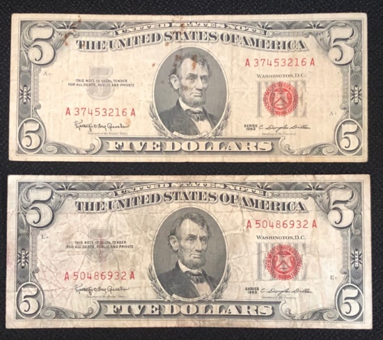 (2) Series 1963 $5 Red Seal Notes
