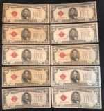 (10) Series 1928 United States $5 Red Seal Notes