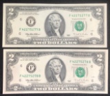 (2) Series 1995 $2.00 Federal Reserve Notes -- Consecutive Serial Numbers