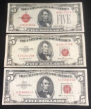(3) Red Seal $5.00 US Notes - Series 1928-E, 1953, and 1963