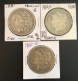 (3) Morgan Silver Dollars --- 1881, 1900-O, and 1904-S