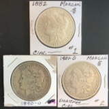 (3) Morgan Silver Dollars --- 1882, 1890-O, and 1901-O