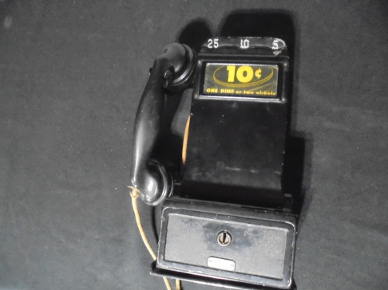 OLD WALL TELEPHONE THAT COSTS 10 CENT TO USE-11 1/4 INCHES TALL