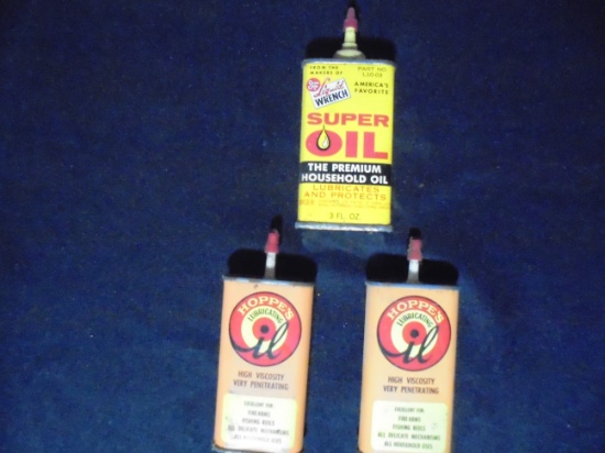 3 OLDER ADVERTISING OIL CANS (HOPPE'S & LIQUID WRENCH)--3 TIMES MONEY