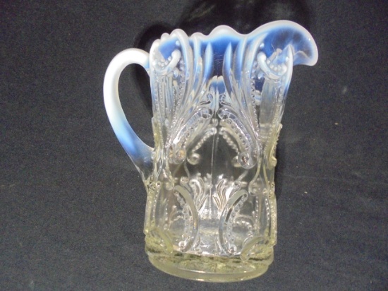 OLD "OPAL GLASS" PITCHER WITH FANCY DESIGN-STUNNING