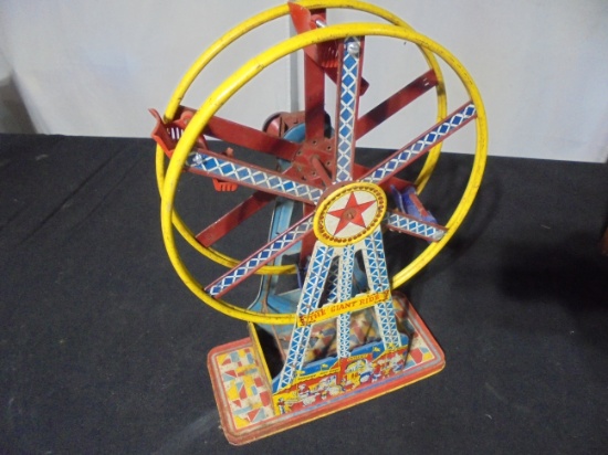 OLD TIN LITHOGRAPH FERRIS WHEEL TOY WIND UP-ACTION WORKS