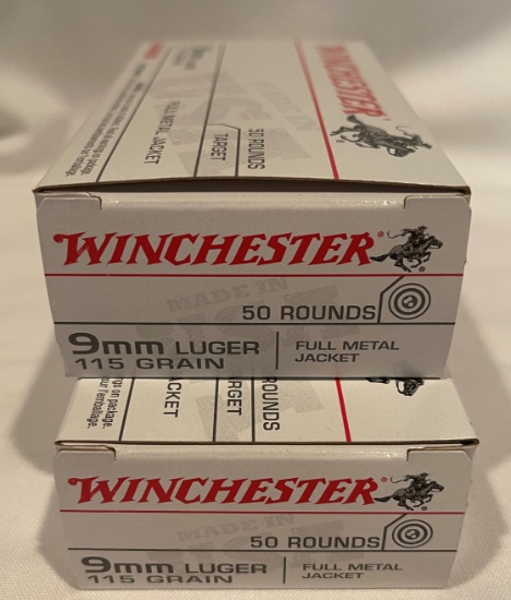 (2) WINCHESTER 9MM LUGER - 100 ROUNDS - 115 GRAIN
