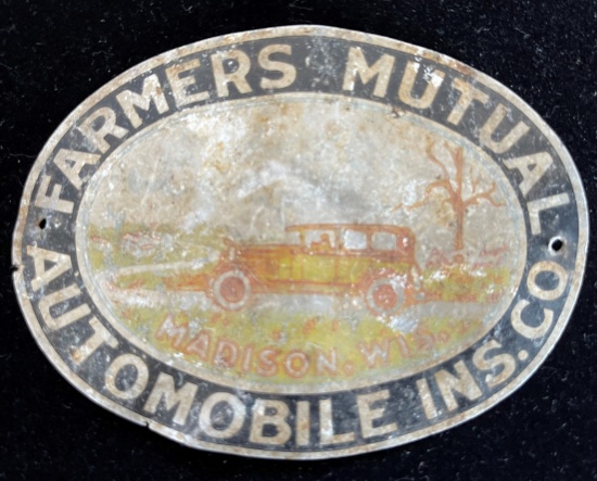 EARLY "FARMERS MUTAL AUTOMOBILE INS. CO." LICENSE PLATE TOPPER