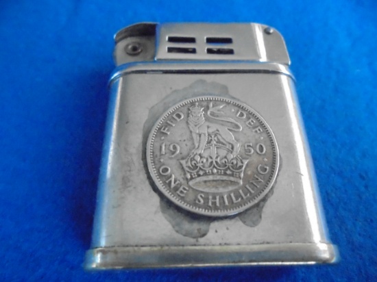 OLD BEATTIE JET CIGARETTE LIGHTER WITH SHILLING COIN