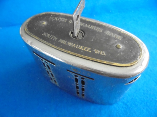 OLD ADVERTISING COIN BANK FROM "SOUTH MIWAUKEE BANK"