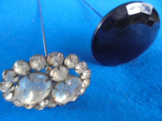 (2) LARGE HAT PINS-CLEAR STONES AND BLACK GLASS