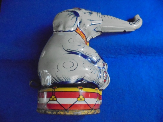 OLD TIN LITHO CHEIN MECHANICAL ELEPHANT BANK