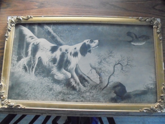 OLD BLACK & WHITE HUNTING DOG PRINT IN OLD FRAME-W/GLASS
