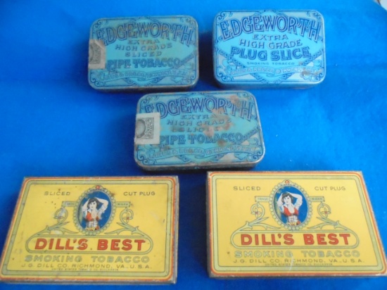 (5) OLD TOBACCO ADVERTISING TINS-DILLS & EDGEWORTH-5 TIMES MONEY