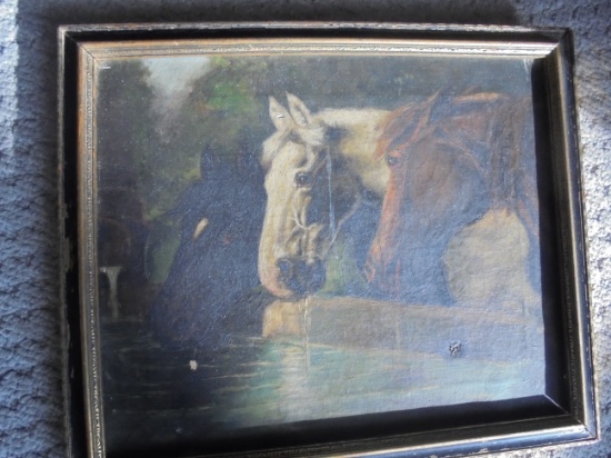 OLD OIL PAINTING OF "3 HORSES AT WATER TANK"-GREAT WESTERN THEME