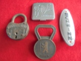 MISC. GROUP OF SMALL ITEMS-BAMBU-BERLIN OPENER-WOODLAND PADLOCK AND SCHWINN BICYCLE BADGE