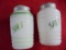 (2) OLD WHITE GLASS SALT SHAKERS WITH GREEN DETAILS