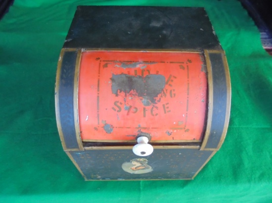 ANTIQUE GENERAL STORE 'SPICE BOX' WITH ROLL OPEN DOOR-9 BY 10 INCHES