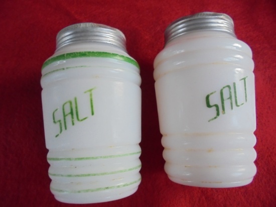 (2) OLD WHITE GLASS SALT SHAKERS WITH GREEN DETAILS