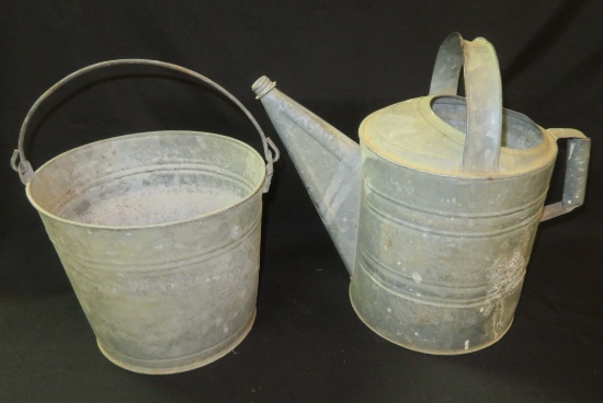 Vintage Galvanized Sprinkling Can and Bucket