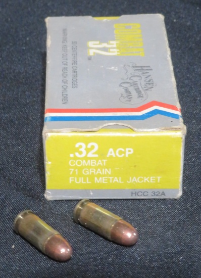 Box of .32 ACP "Combat 71 Grain. FMJ" - Hansen Cartridge Co.