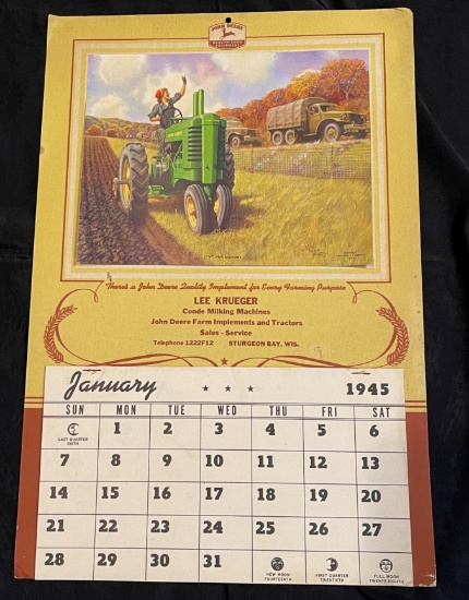 1945 - "JOHN DEERE FARM IMPLEMENTS & TRACTORS - LEE KRUEGER - STURGEON BAY, WISC." CALENDAR