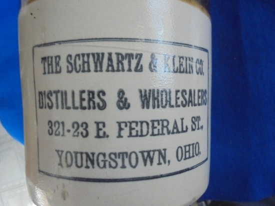 OLD ADVERTISING JUG "SCHWARTZ & KLEIN CO" YOUNGSTOWN, OHIO