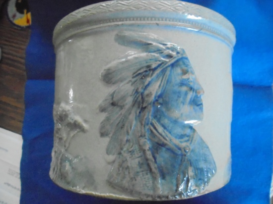 STUNNING "SLEEPY EYE" STONEWARE BUTTER CROCK IN HIGH RELIEF-GREAT LOOKS AND ORIGINAL