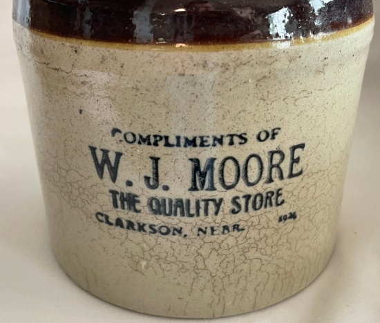 HALF GALLON BROWN TOP -"W. J. MOORE -THE QUALITY STORE - CLARKSON, NEBR." ADVERTISING JUG